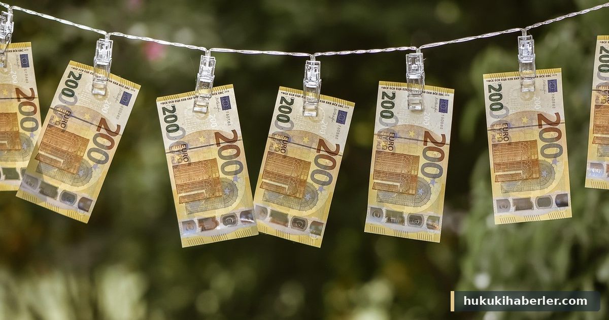 Mandallarla ipe asilmis olan iki yuz euroluk banknotlar sirali sekilde duruyor