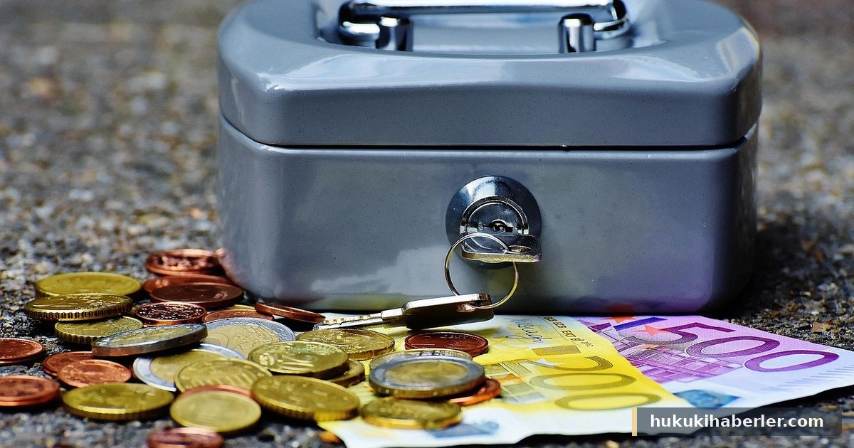 Anahtarlı gri metal kasa, yanında avro banknotları ve bozuk paralar