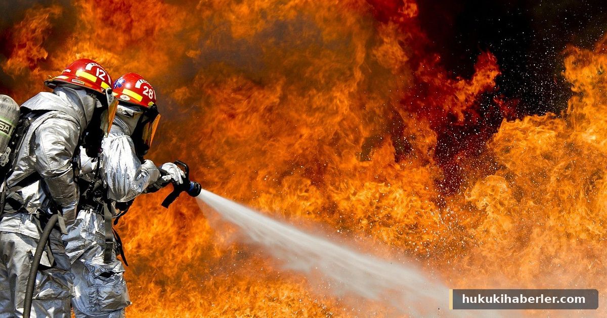 Yangına su sıkan iki itfaiyeci, arkalarında yükselen alevler