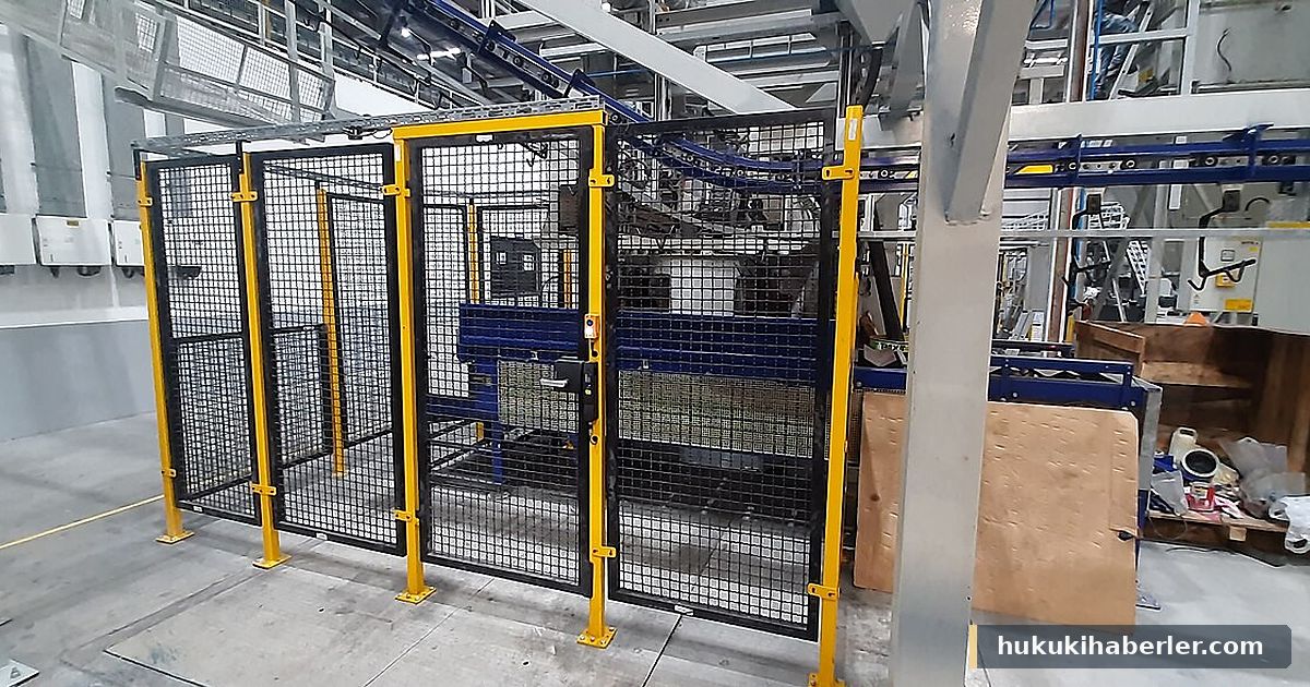 Sarı direkli tel örgü koruyucu çitlerle çevrili endüstriyel makine alanı