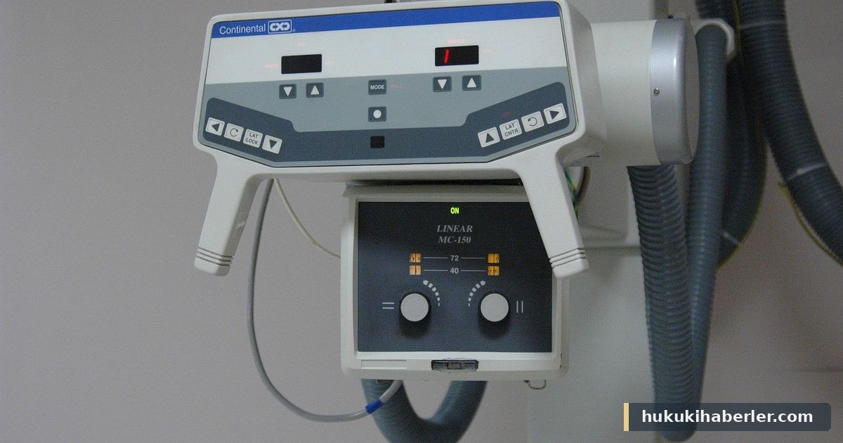 Duvara monte edilmiş beyaz röntgen cihazı, kontrol paneli ve gri hortumlar