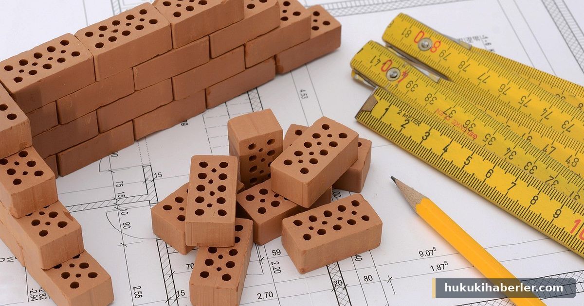 Tuğlalar, cetvel ve kalem mimari planların üzerinde duruyor