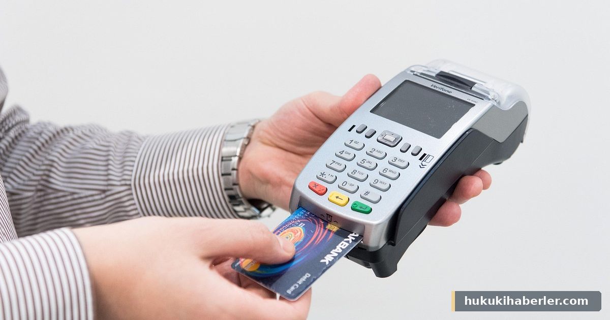 Bir elde POS cihazı, diğer elde banka kartı; kart ödemesi sahnesi
